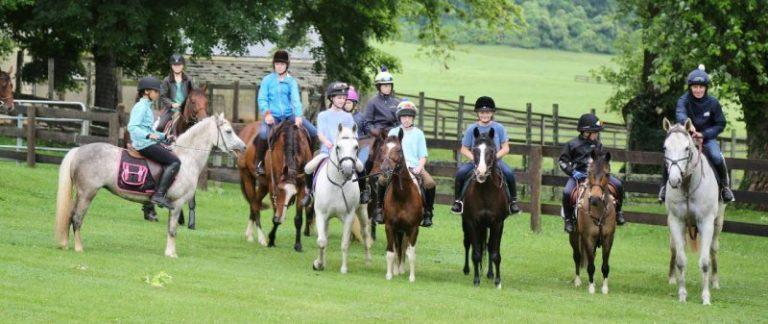 group of pony camp riders on horses standing in line