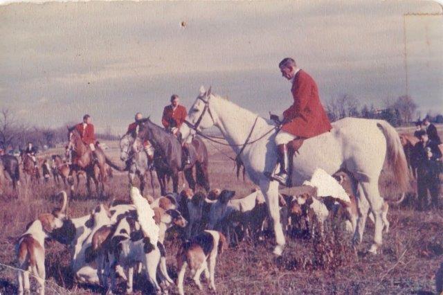Riders horses and hounds in hunt field, old photo by Les Grimes